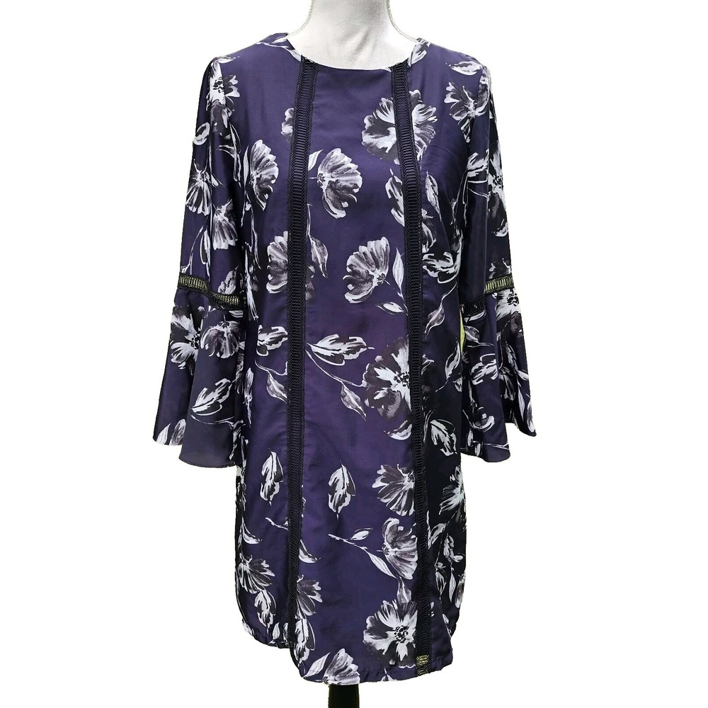 Vince Camuto Purple Floral Bell Sleeve Dress Size‎ 8 Whimsigoth Dark Romantic